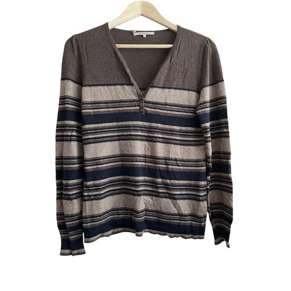 Gerard Darel Striped Metallic Sweater‎ Women Size Small Gray V-neck Leightweight